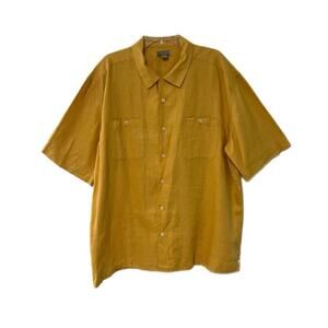 Visitor 100% Linen Button Up Polo Shirt Men's 2XL Pockets Vacation Yellow